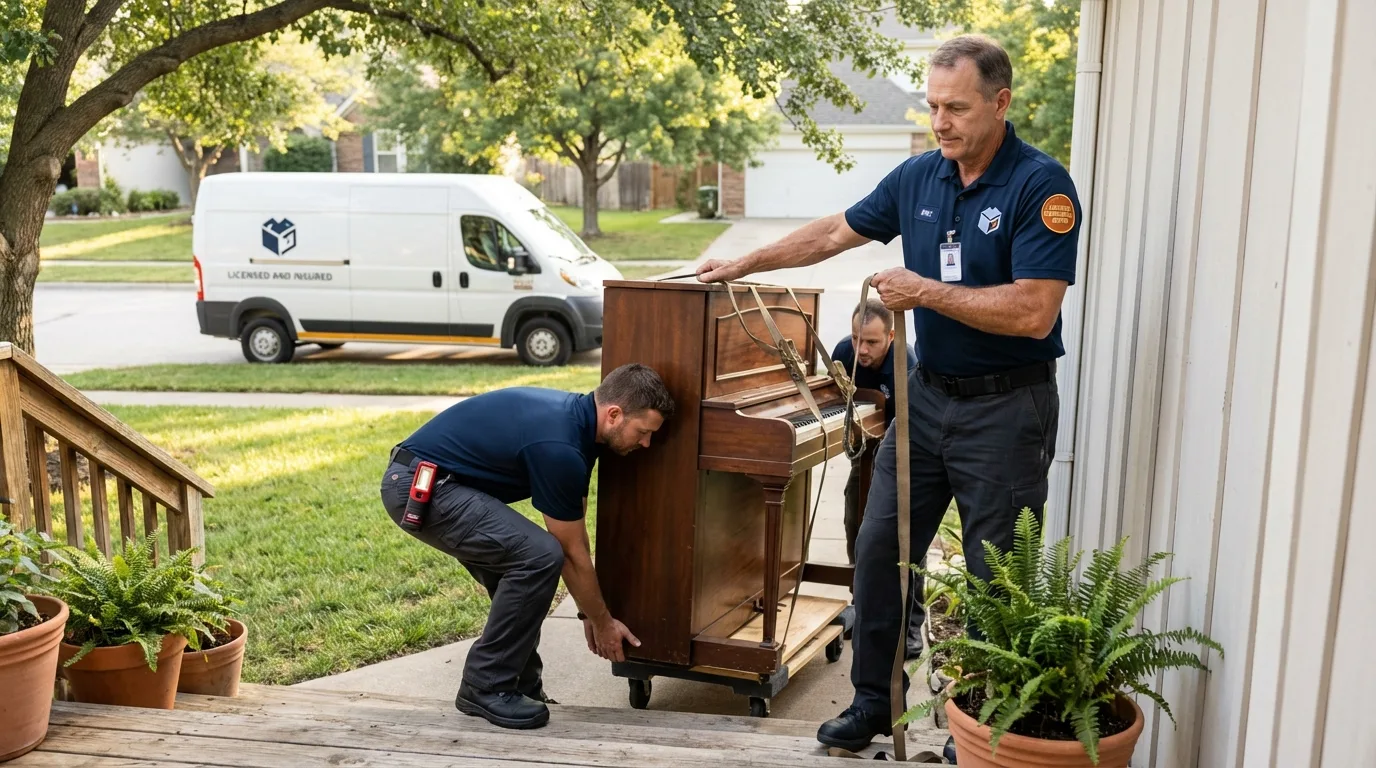 Licensed piano movers securing grand piano in Simpsonville, SC