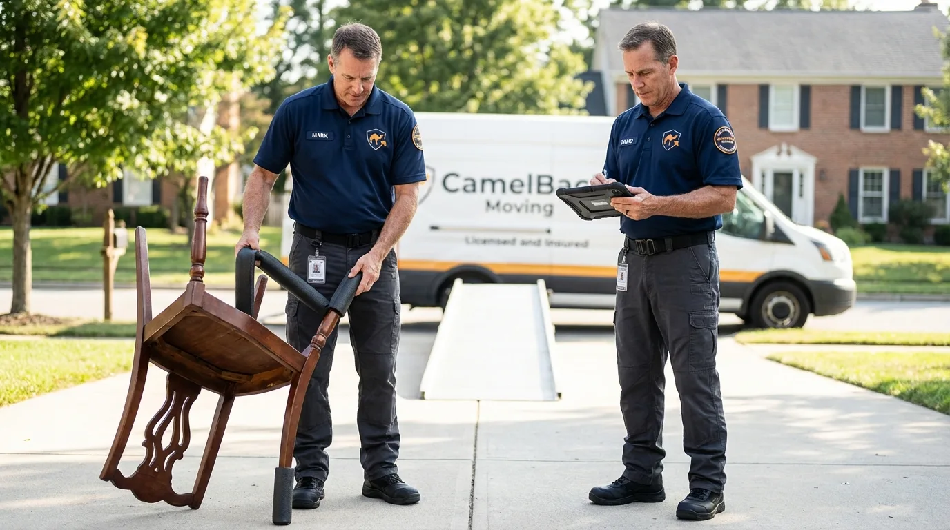 Movers inspecting furniture for damage prevention before loading in Simpsonville, SC